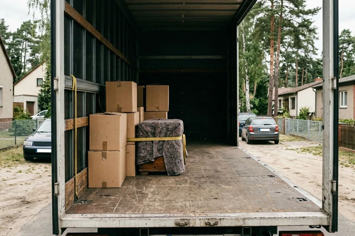Blick in den halb beladenen Laderaum: Kartons links gesichert, rechte Hälfte bleibt frei