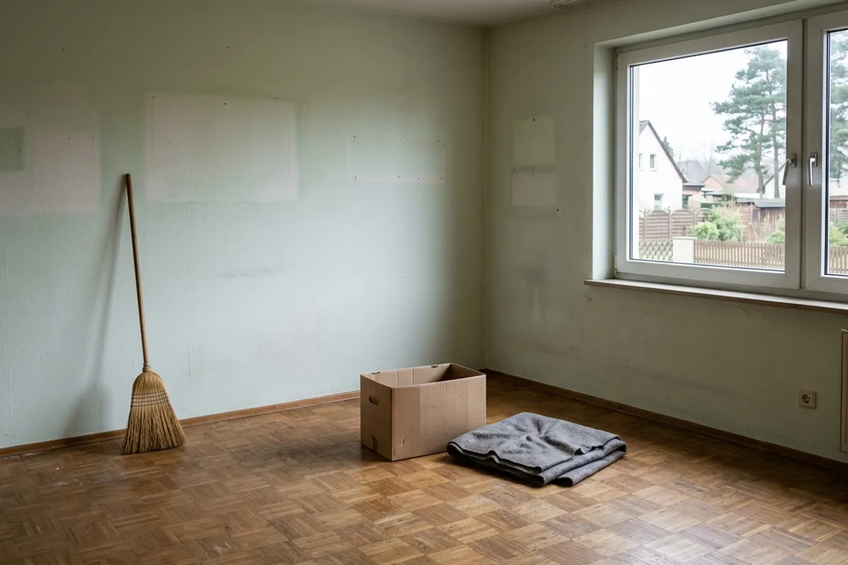 Fast leeres Zimmer mit Besen, Karton und gefalteter Decke auf abgenutztem Parkett