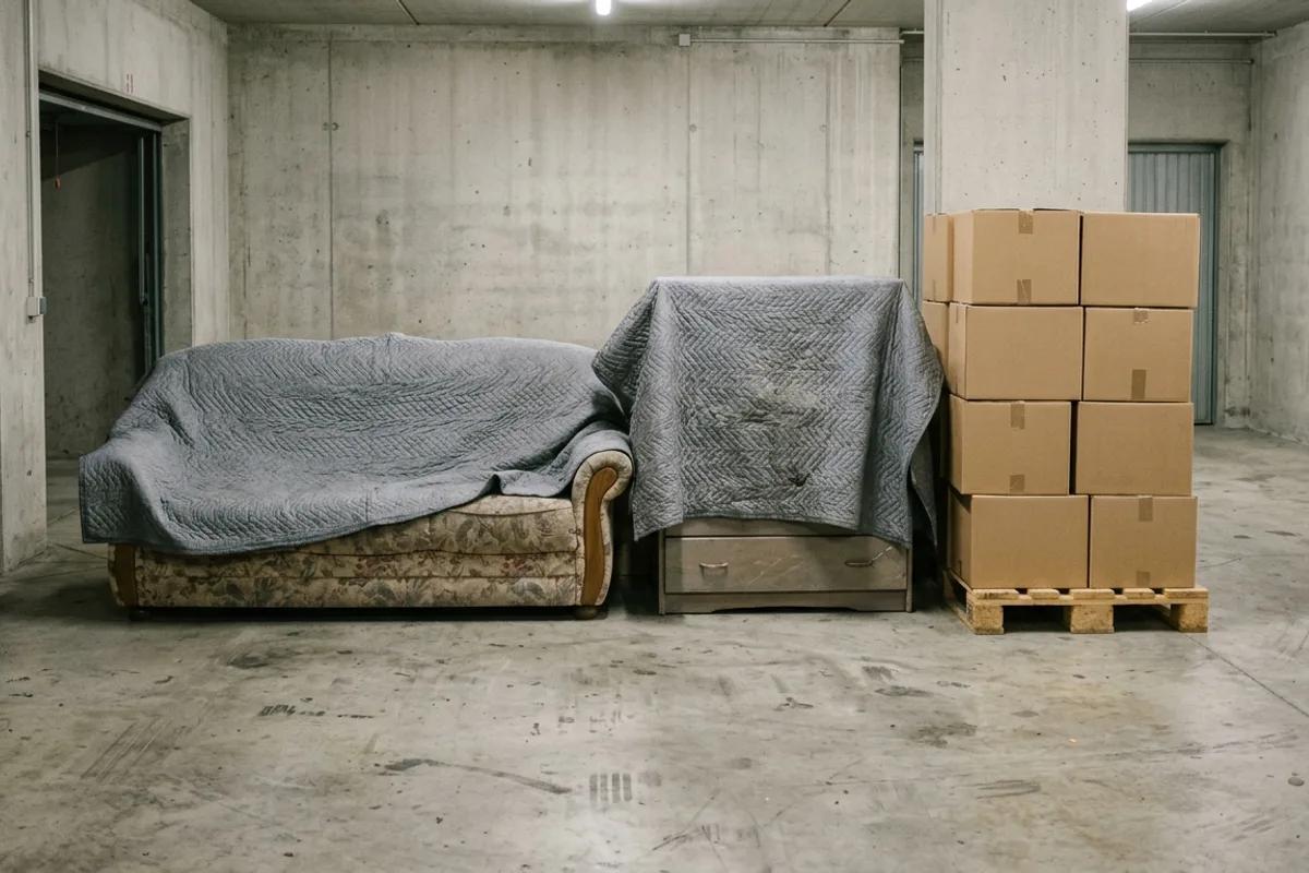 Sofa und Kommode unter grauen Decken in einer Lagerhalle, Kartons auf einer Palette daneben