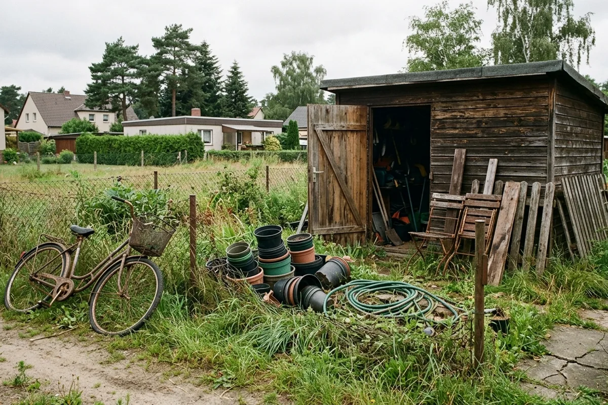 Vollgestelltes Gartengrundstück mit offener Holzlaube, Pflanztöpfen und altem Fahrrad