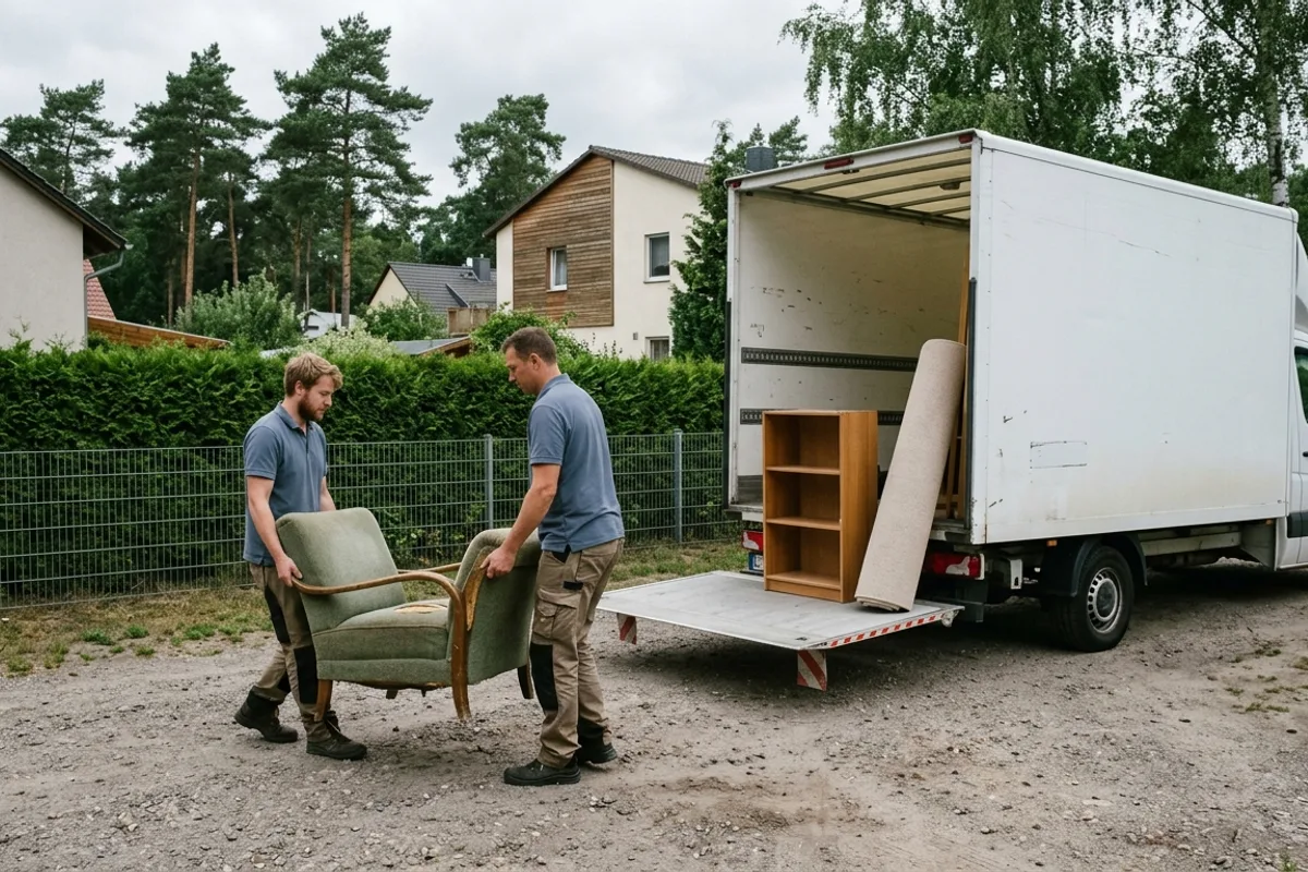 Getragener Sessel auf dem Weg zum Lkw, Regal und Teppichrolle stehen schon auf der Ladebühne