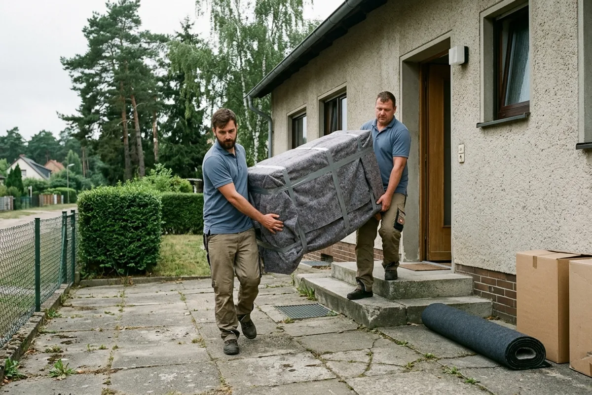 Zwei Männer in blauen Poloshirts tragen eine verpackte Kommode die Stufen vor einem Haus herunter