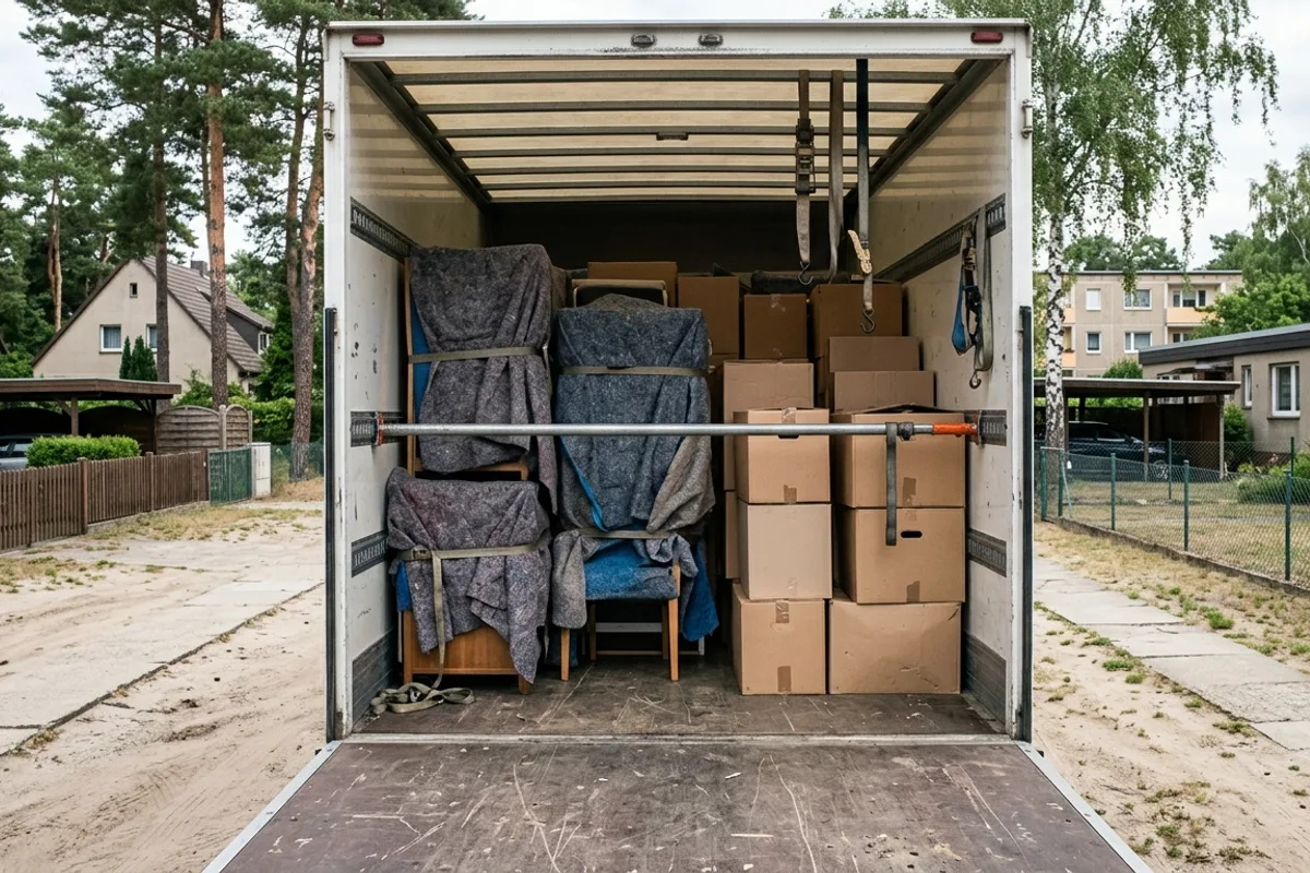 Halb beladener Laderaum mit Sperrbalken vor Kartons und eingepackten Möbeln