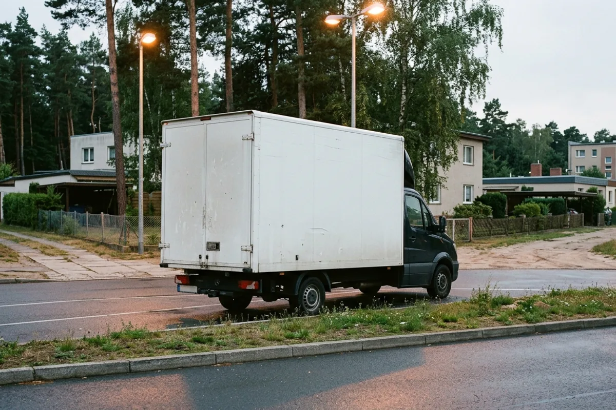 Abends geparkter Möbelkoffer unter Straßenlaternen am Rand einer Siedlungsstraße