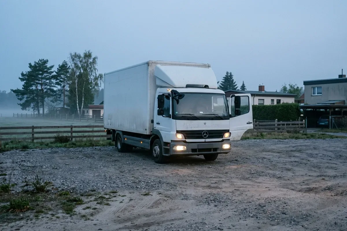 Scheinwerfer an, der Möbelwagen steht frühmorgens im Nebel auf dem Schotterplatz