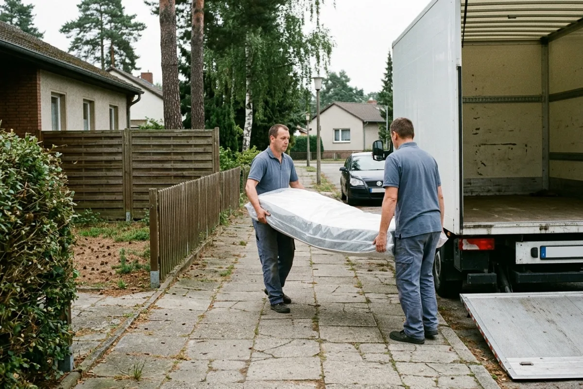 Matratze im Schutzbezug geht über den Plattenweg zum Lkw mit offener Hebebühne