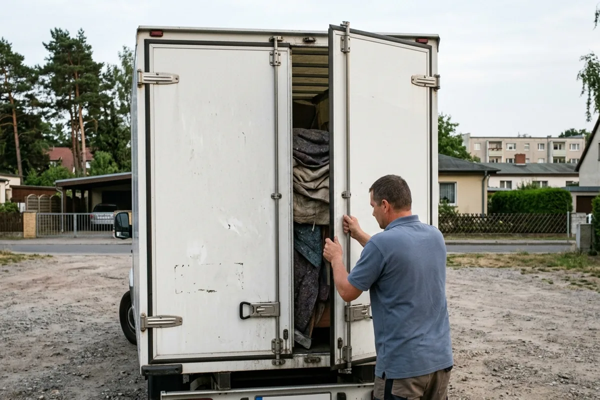 Fahrer schließt am Abend die Hecktüren des beladenen Kofferwagens