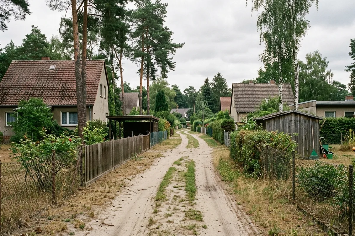 Sandweg mit zwei Fahrspuren zwischen Gartenzäunen, dahinter niedrige Häuser und Kiefern
