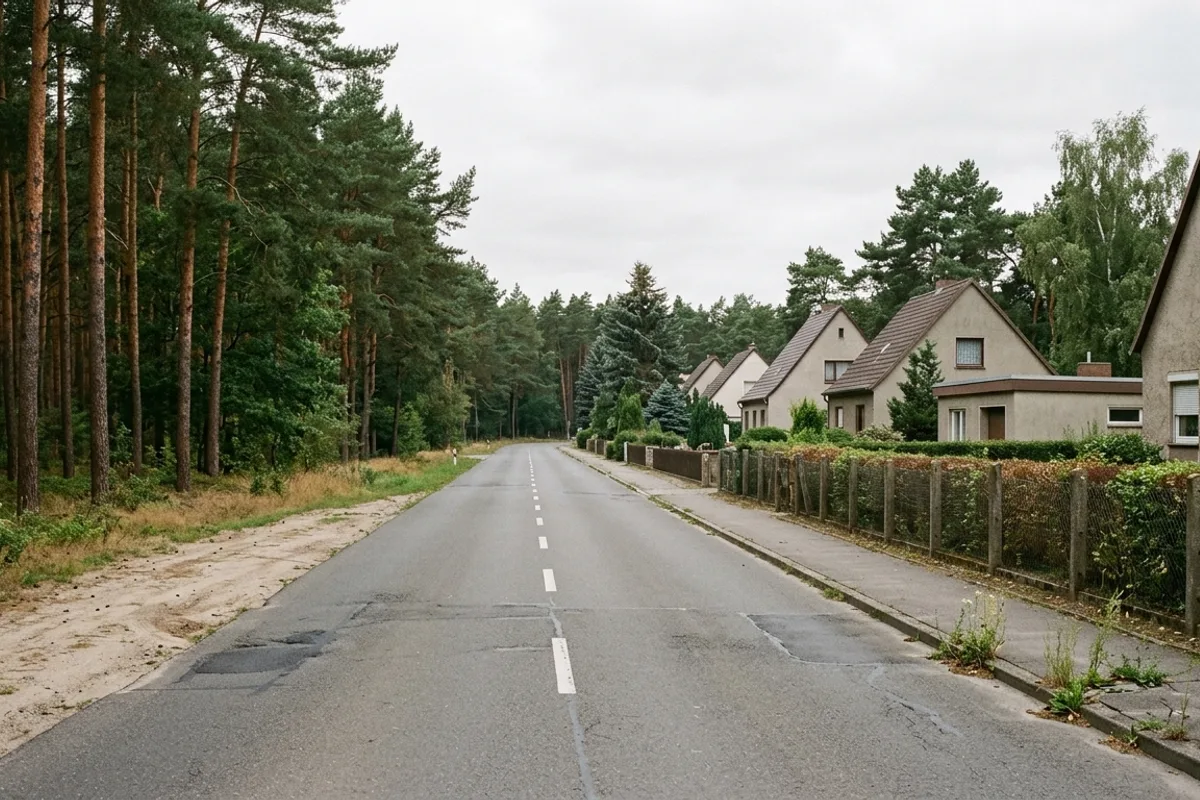 Leere Ortsstraße am Kiefernwald, rechts Zäune und Wohnhäuser, links hohe Stämme bei grauem Himmel