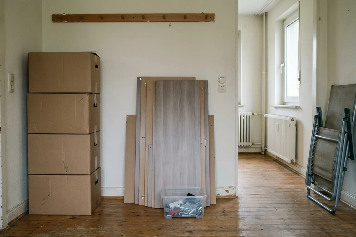 Halb geräumter Flur mit Kartonstapel, zerlegtem Kleiderschrank und Beschlägen in einer Klarsichtbox
